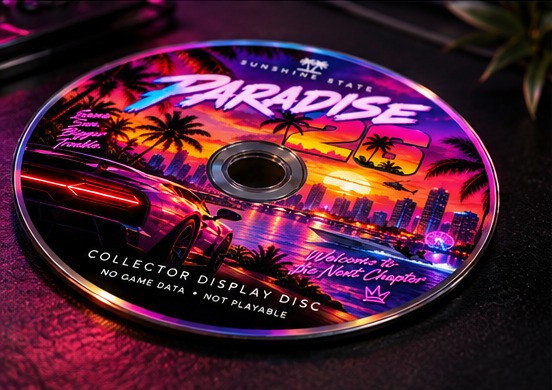 Angled PARADISE 26 disc showing the printed front and slim optical-disc profile
