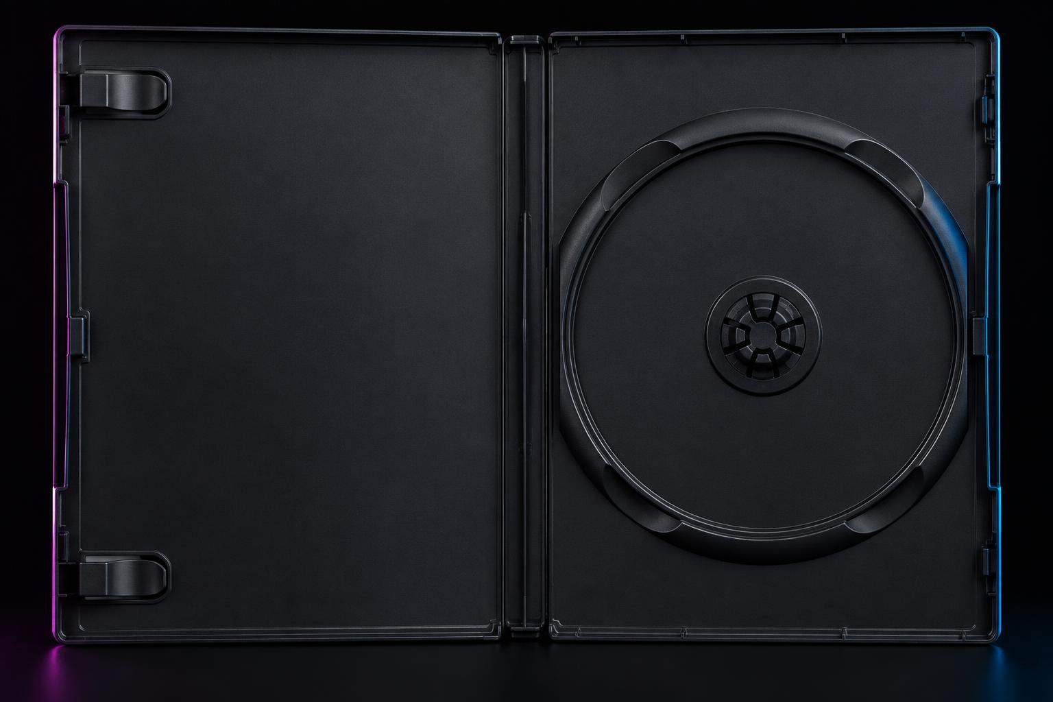 Open unbranded charcoal game case with an empty circular disc holder